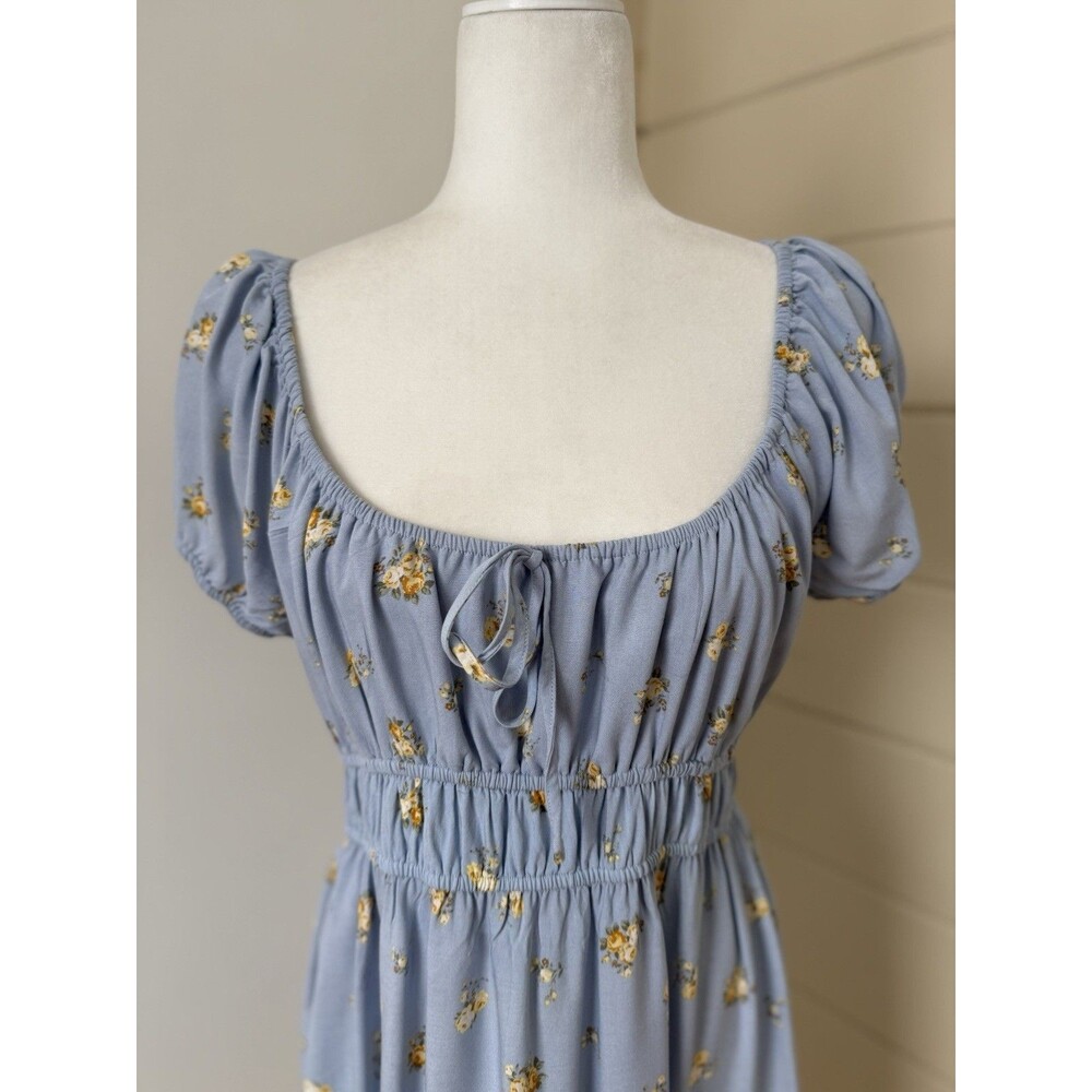 Ultra Flirt Floral Print Mini Ruched Dress Medium Blue Feminine Cottagecore